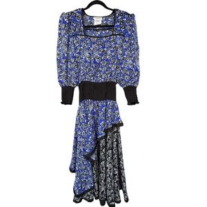 Vintage Mosaic Dress Womens Small Blue Floral Jacquard Ruffle Hem Party 80s